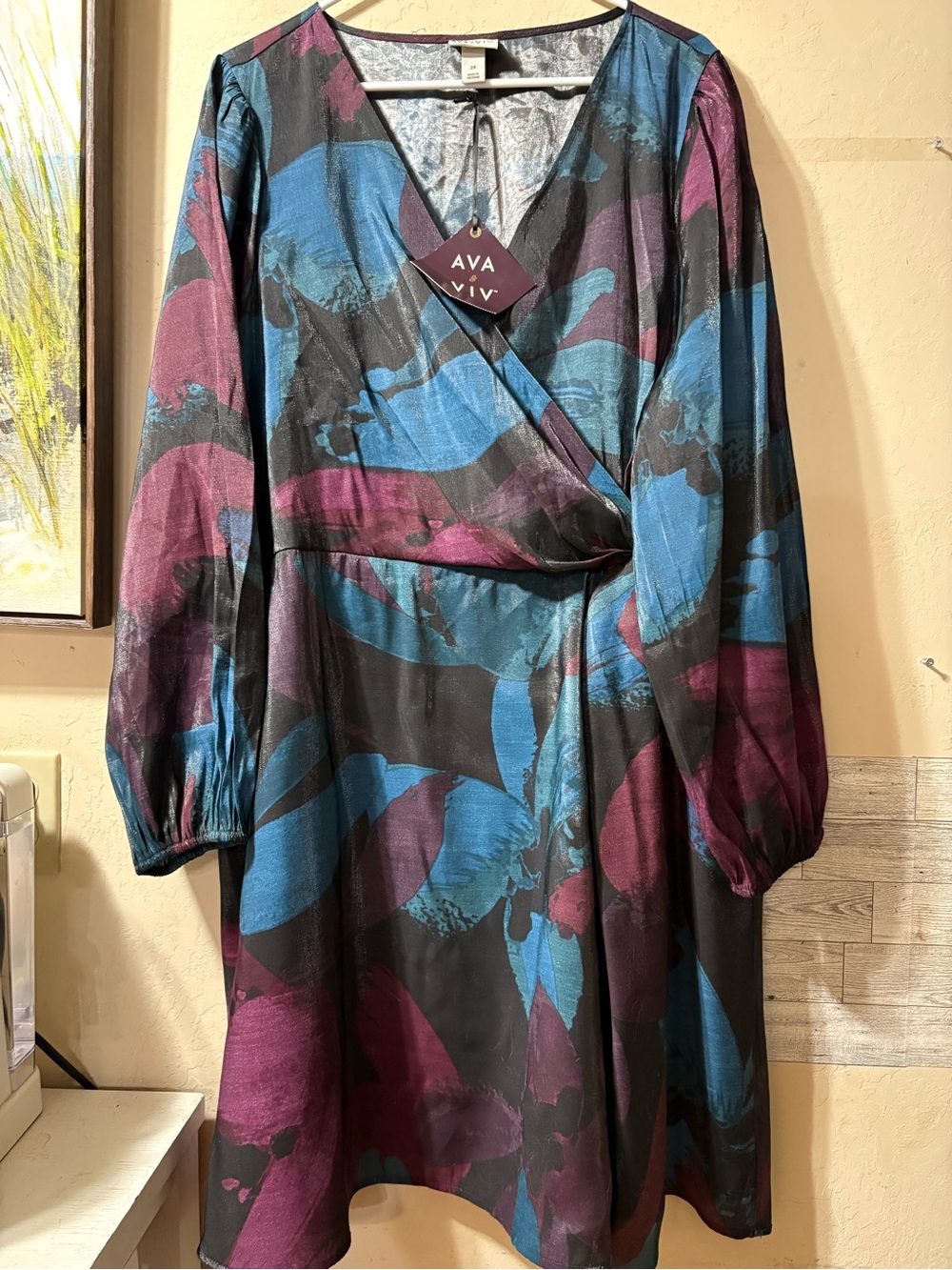 Ava & Viv Black Wrap Dress with Blue and Purple Floral Print